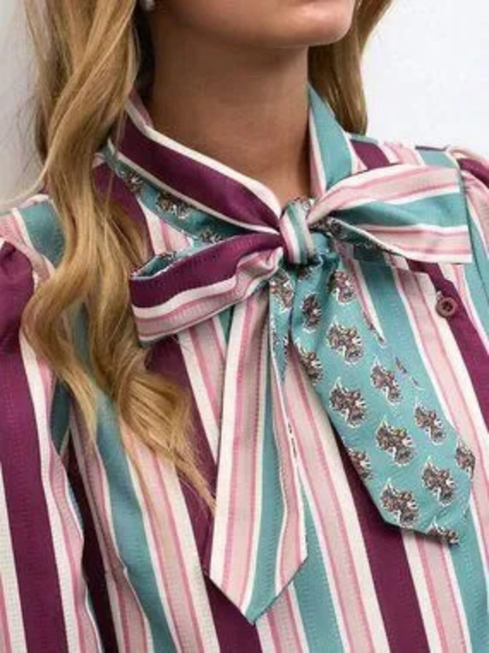 Multicolor Elegant Women's Striped Tie Neck Bishop Sleeve Button Knot Shirt